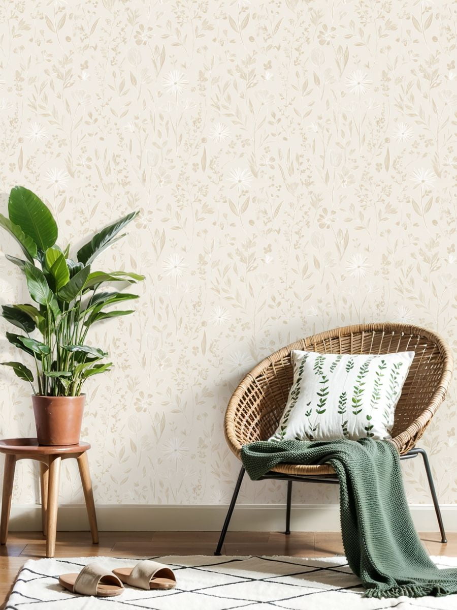 Vintage Peel and Stick Wallpaper Neutral Beige Floral Hand Drawn Flowers Leaves Wall Mural 23.6in x 9.8ft Self Adhesive Removable Wall Paper Renter Friendly Wallpaper for Nursery Bedroom