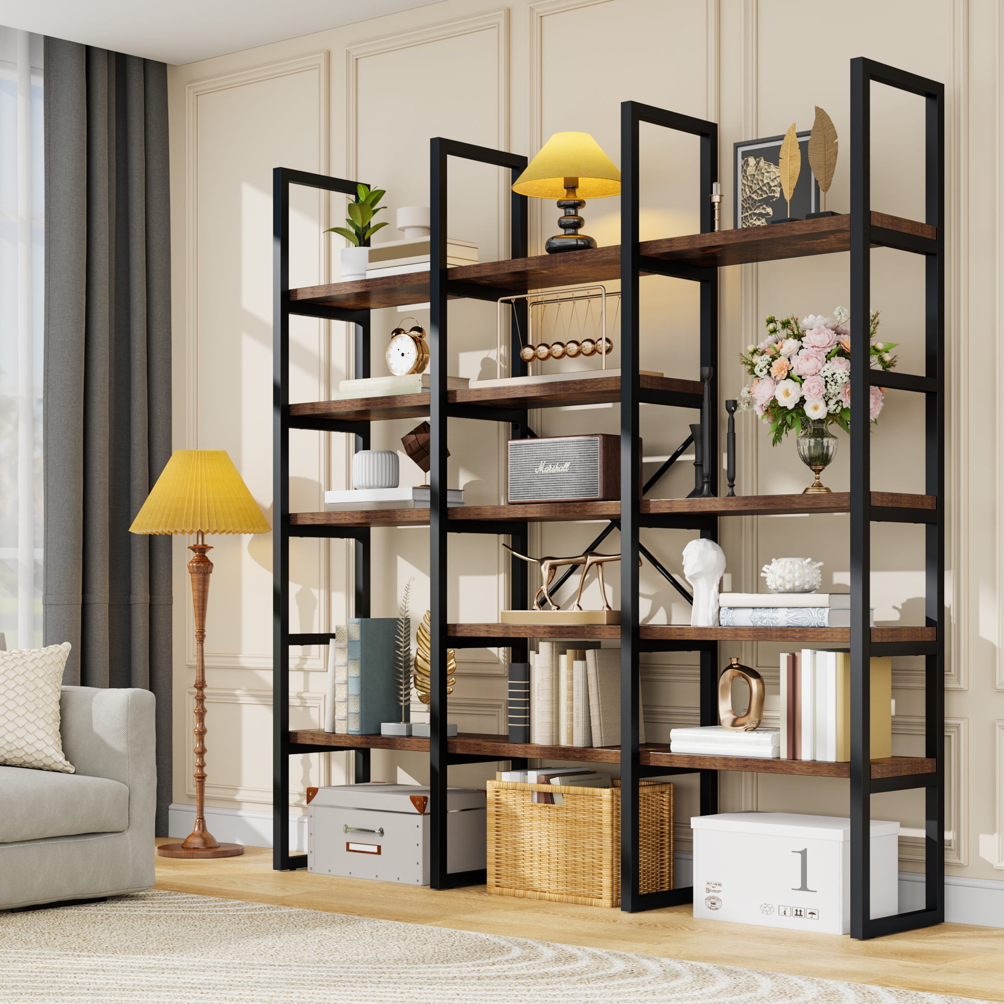 ModFurne Large Bookshelf 5 Tiers, Triple Wide Geometric Bookcase, 71 Inches Tall Industrial Book Shelves Etagere Book Case, Brown