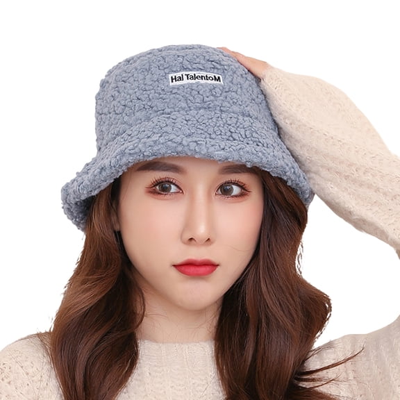Kripyery Bucket Hat Fashion Letter Label Fluffy Japanese Style Thickened Casual Keep Warm Sherpa Autumn Winter Thermal Fisherman Cap for Daily Life