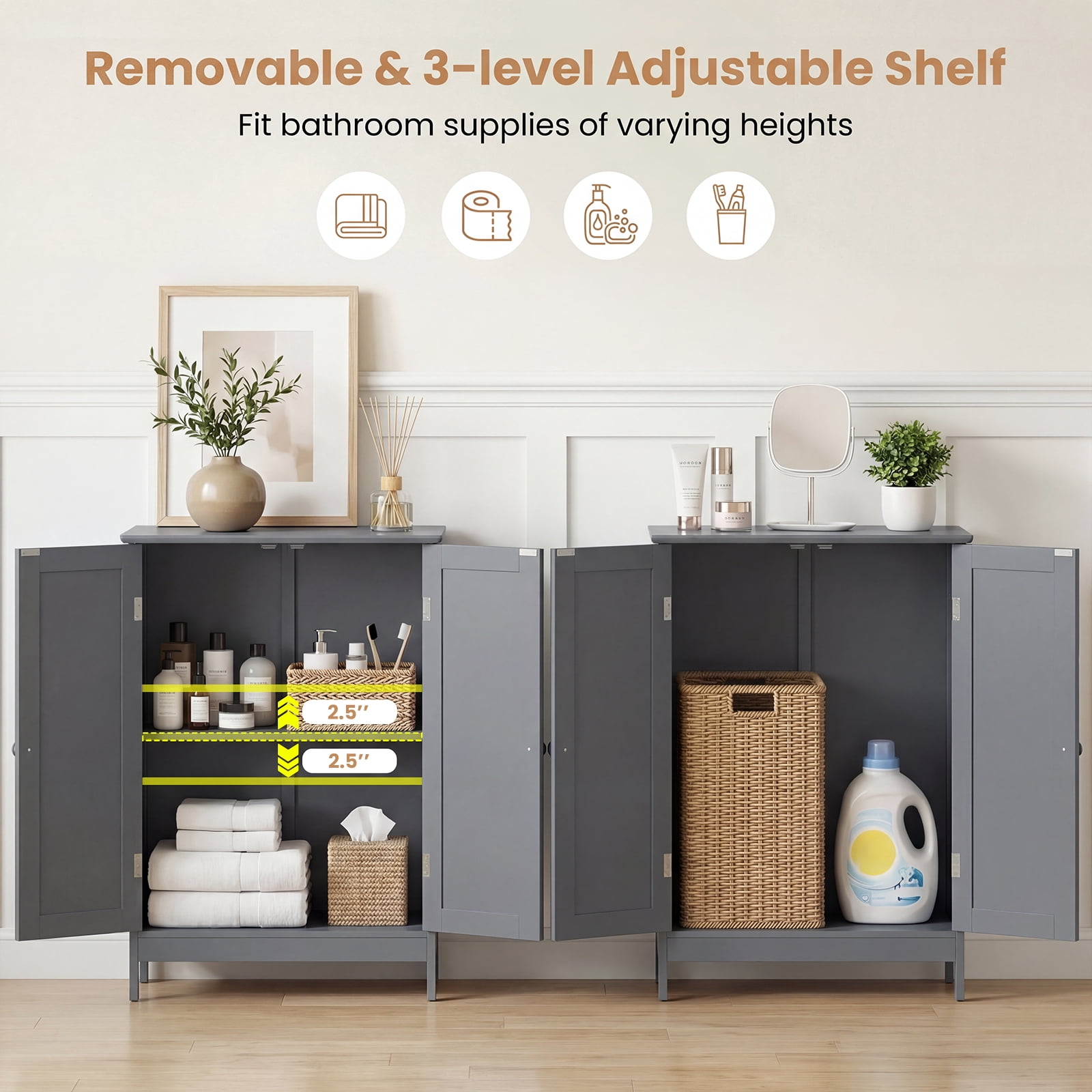 Giantex Bathroom Floor Cabinet, Wooden Freestanding Storage Cabinet with Double Doors, Suitable for Bathroom, Living Room, Bedroom, Entryway