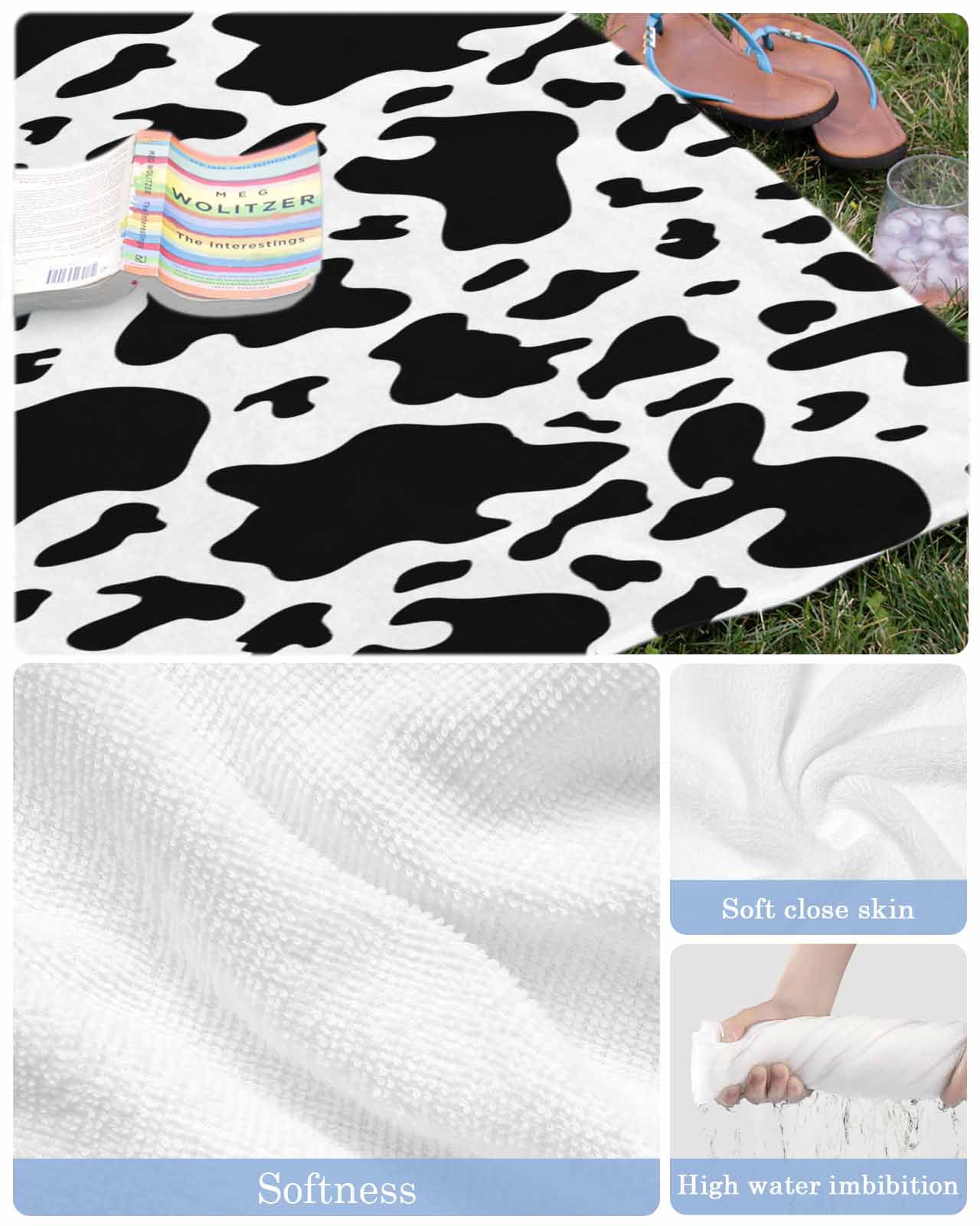 Cow Print Beach Towels Oversized Super Absorbent, Modern Black White Farm Animal Patterned Lightweight Bath Towel Quick Dry Sets For Bathroom/Pool/Rv Camping/Beach Play/Gym Room/Picnic 30"x60"