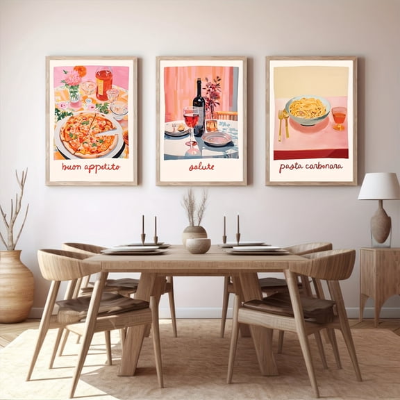 Italian Pasta Pizza And Wine Set of 3 Prints, Kitchen Wall Art, Modern Italian Quote Prints, Modern Pink Food Trendy Posters, Eclectic Art, Italian Restaurant Art Decoration, No Frame