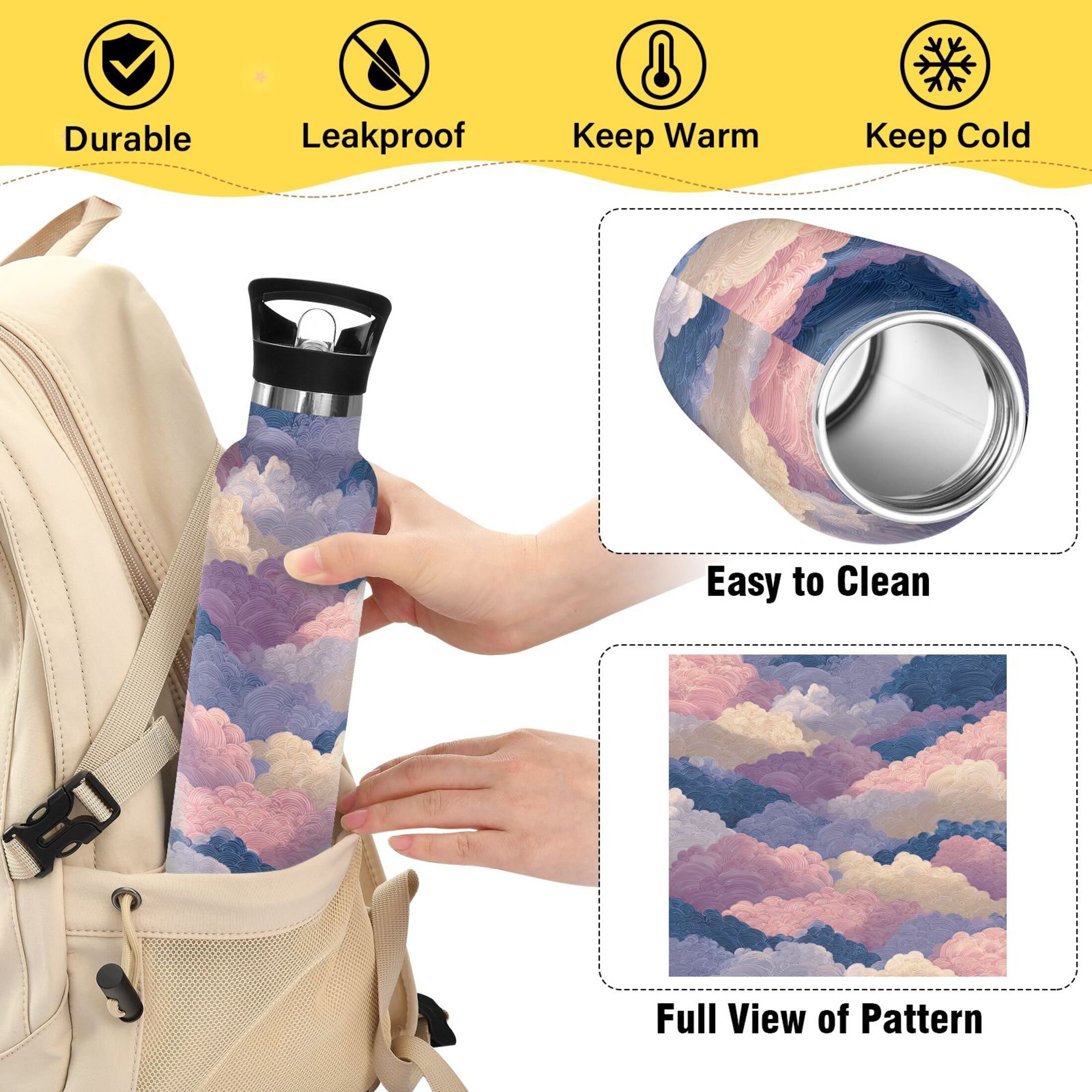 600ML Stainless Steel Insulated Cup Sports Water Bottle Portable Thermos Cup Water Glasses Insulated Tumblers Convenient and Durable Purple Cloud Cartoon