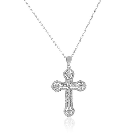 925 Sterling Silver White Clear CZ Religious Cross Pendant Necklace, 18"