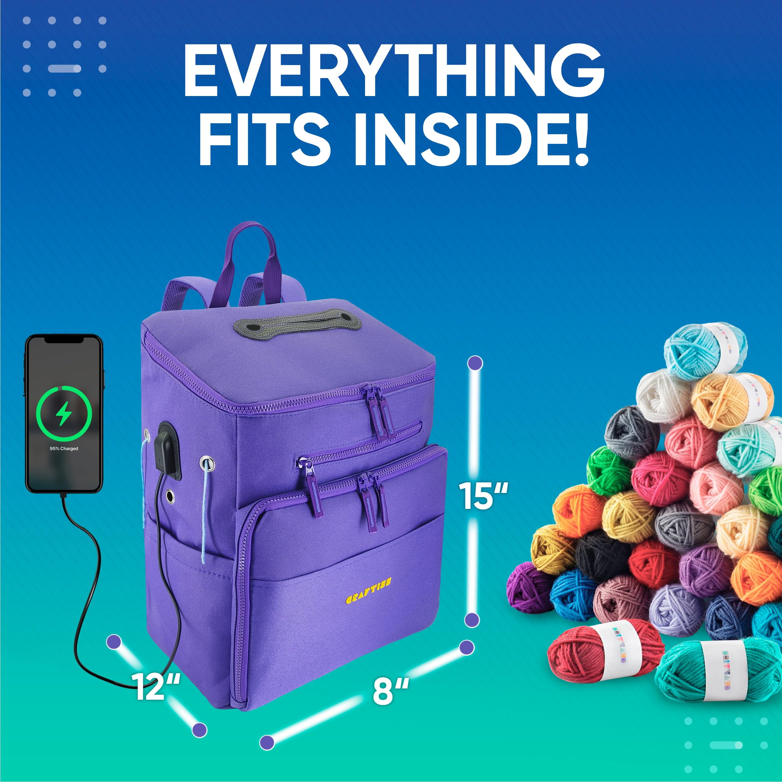 CRAFTISS Crochet Bag Yarn Storage - Perfect Gift - Durable Canvas Yarn Bag for Crochet Accessories &ndash; Backpack Organizer with Knitting Accessories Pockets and USB Cable