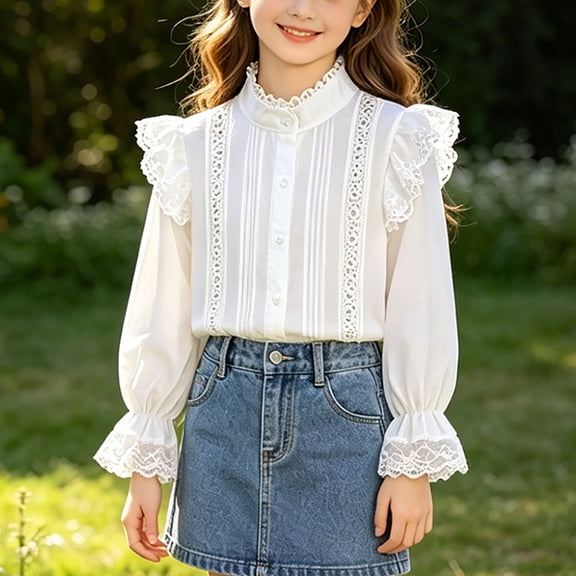 Ynynloco Girls 100%Cotton Blouse Shirts Spring Fall Long Sleeve Button-Down Top Ruffle Collar School Uniform 3-14 Years