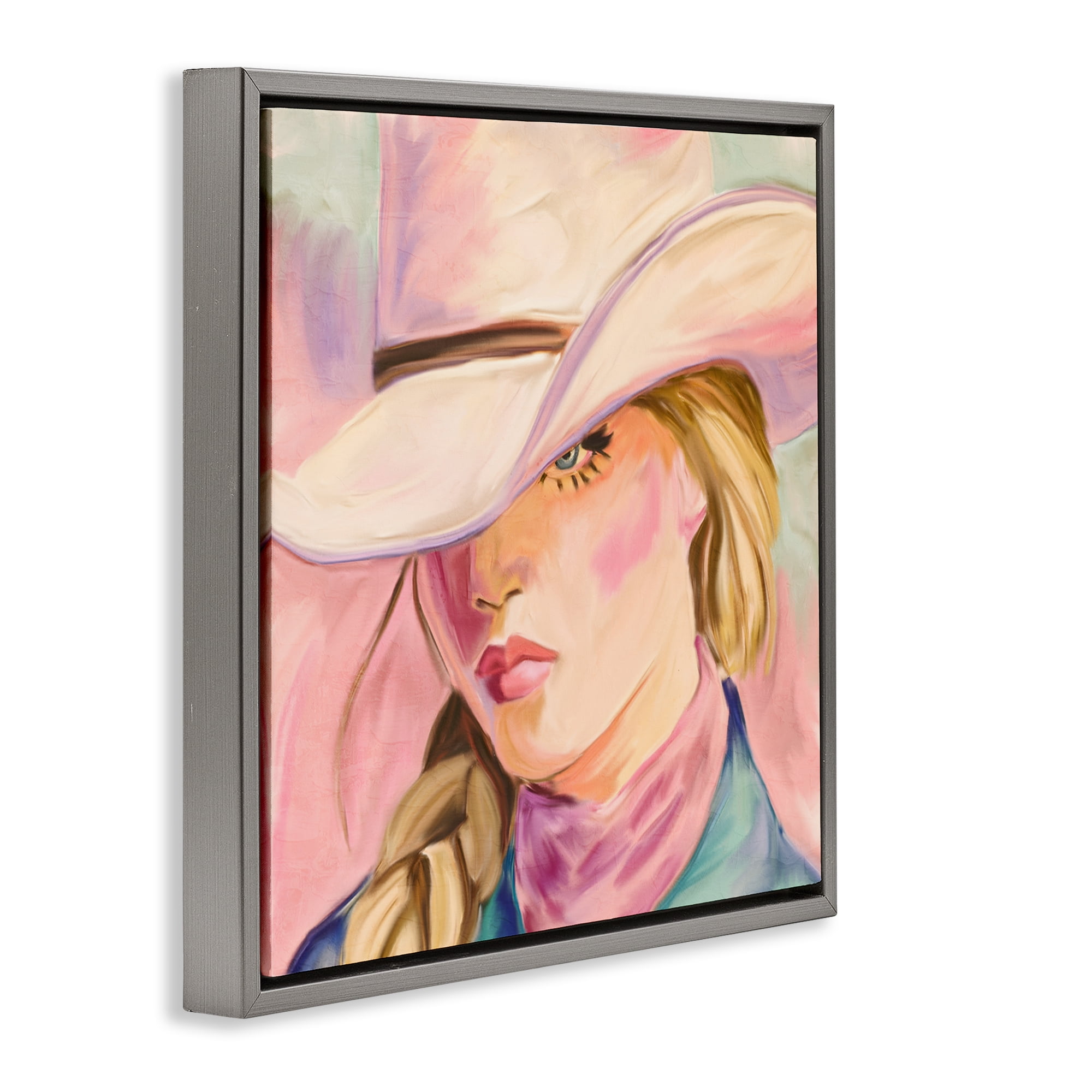 Pastel Cowgirl Gaze Beneath Hat Gray Framed Floater Canvas Wall Art, design by Kim Allen