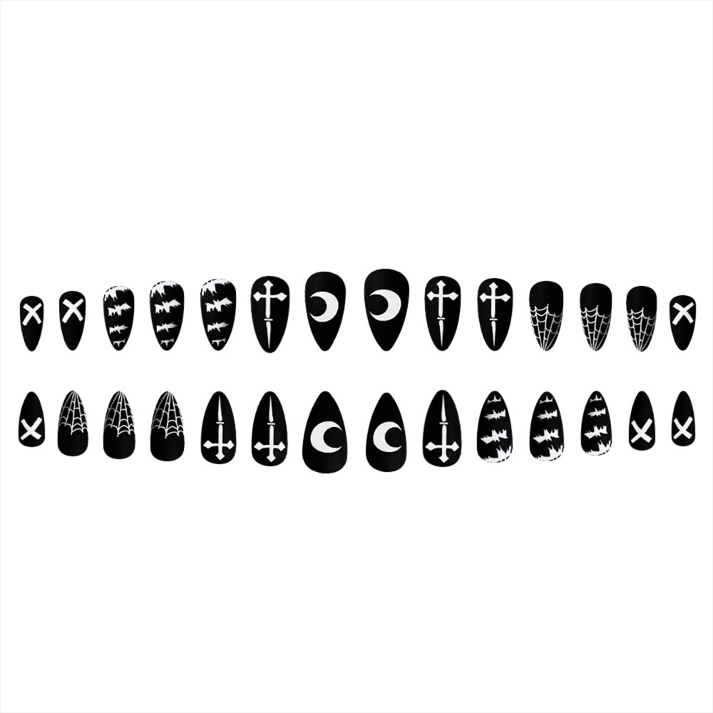 Black Frosted Almond Fake Nails Unique Trendy Patterns Nail Pieces for Nail Art Starter