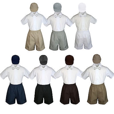 

4pc Set Boy Toddler Formal White Bow Tie White Navy Khaki Shorts+Hat S-4T