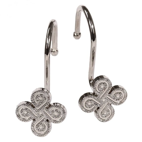 Nickel Shower Curtain Hooks Rings: Silver Rust Proof Metal Shower Hooks for Bathroom - Flower Clover Designed Decorative Curtain Rings Hangers for Shower Rod - Set of 12