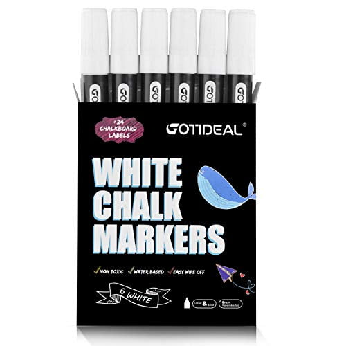 GOTIDEAL Liquid Chalk Markers, 6 Pack White Chalk Pens for Windows, Chalkboard Signs, Blackboard