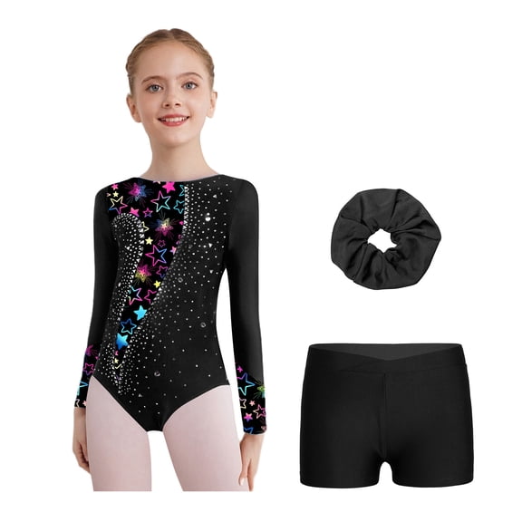 YiZYiF Girls Gymnastics Leotard Set Shiny Rhinestone Long Sleeve Ballet Dance Unitard with Shorts Black 12