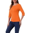 thumbnail image 4 of Camisetas casuales de ajuste slim para mujeres INSPIRE CHIC, con mangas de codo y cuello barco, color naranja, talla L, 4 of 6