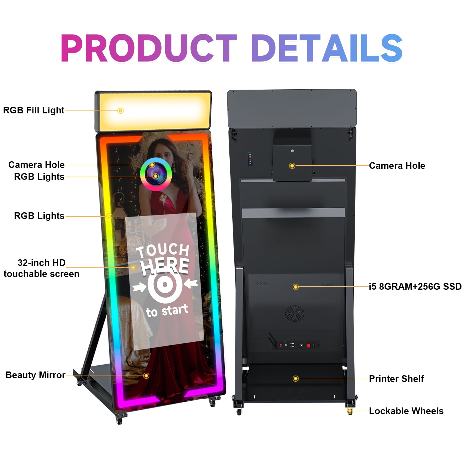Magic Mirror Photo Booth, 65'' Mirror Photo Booth, 32'' Touch Screen, Mirror PhotoBooth with Built-in Mini PC with Instant Print and Sharing for Event Party Wedding Rental (White, 32")