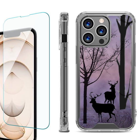 Shockproof Bumper Phone Case for iPhone 13 Pro Max, with Tempered Glass Screen Protector, by OneToughShield ® - Forest/Deer/Twilight