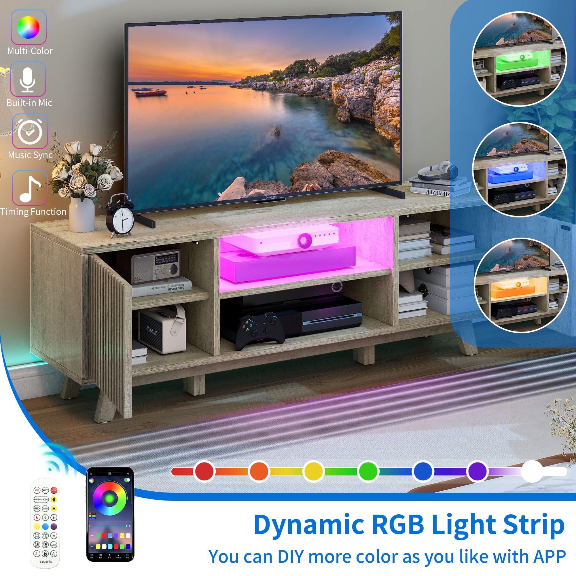 Uforic LED TV Stand for TVs up to 65 inch, TV Entertainment Center Cabinet for Living Room, Gray