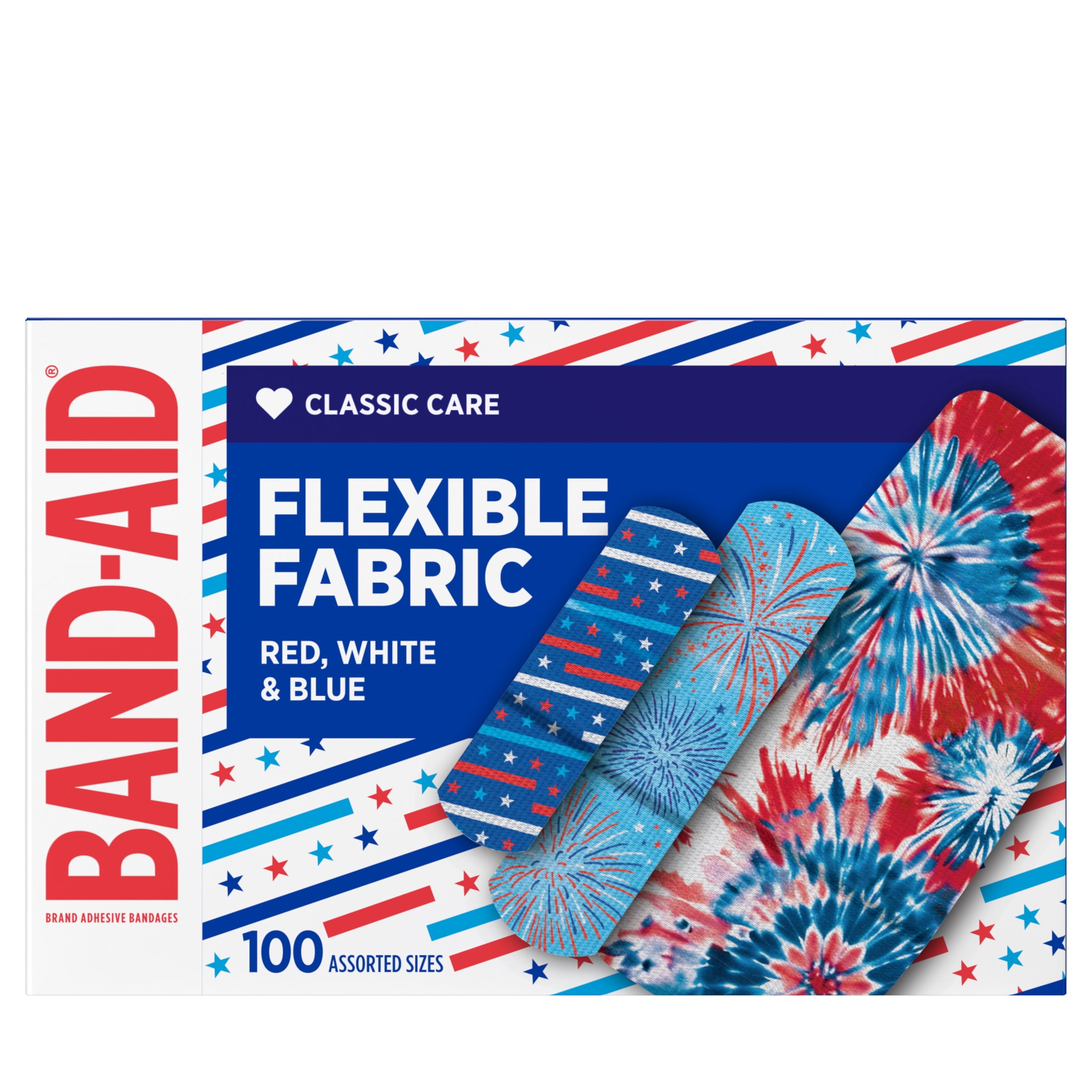 (4 pack) BAND-AID® Brand Flexible Fabric Red, White & Blue Bandages, 100 Count