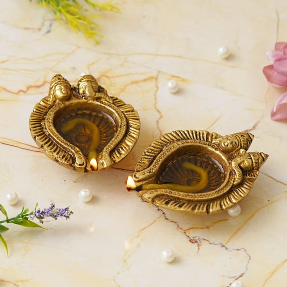 Set Of 2 Golden Handcrafted Goddess Lakshmi & Lord Ganesha Design Brass Diyas | Auspicious Brass Diyas
