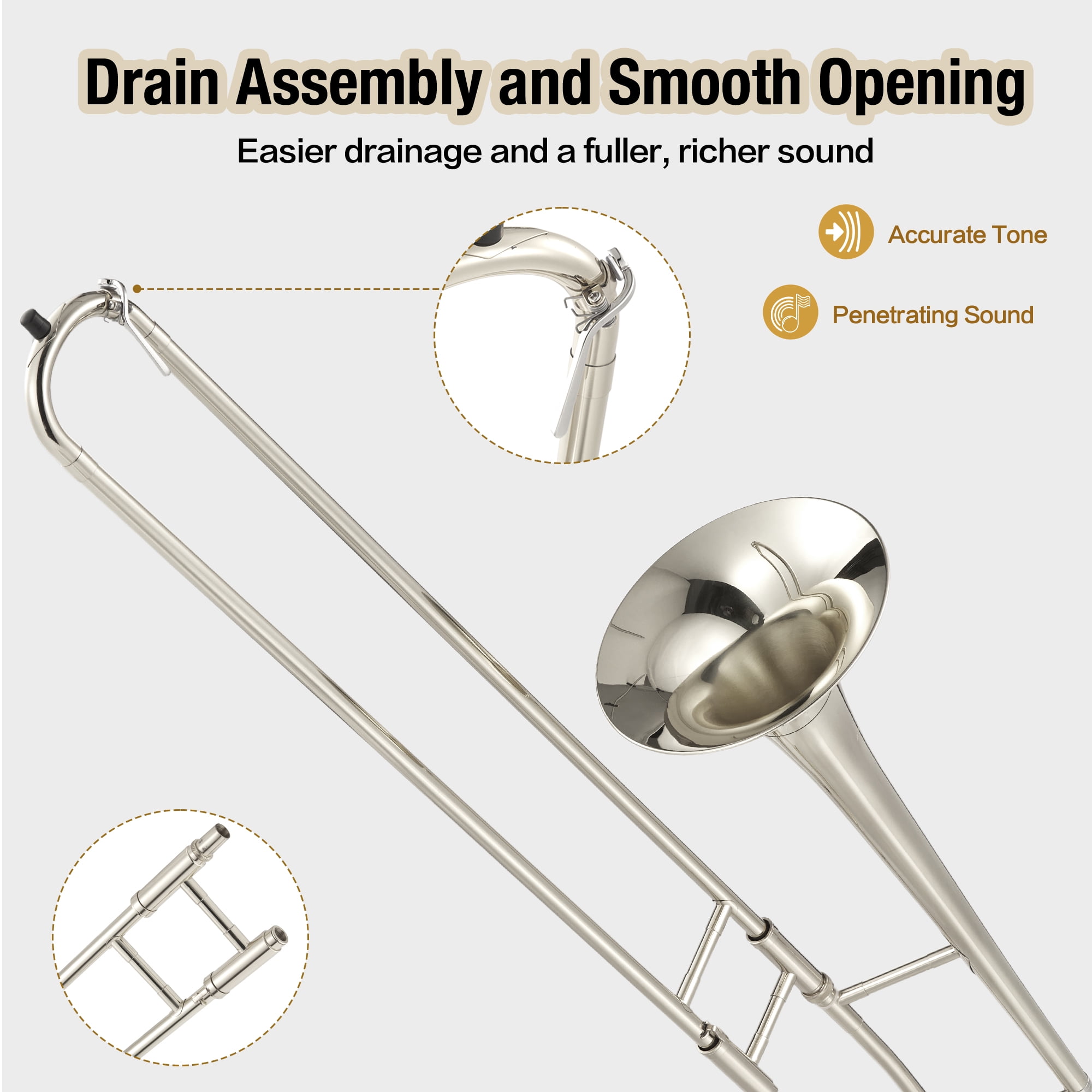 Gold Lacquer Alto Trombone Brass Instrument for Student Musicians and Adult Beginners, Suitable for School Band Rehearsal, Orchestra Practice, Jazz Music Performance and Home Learning