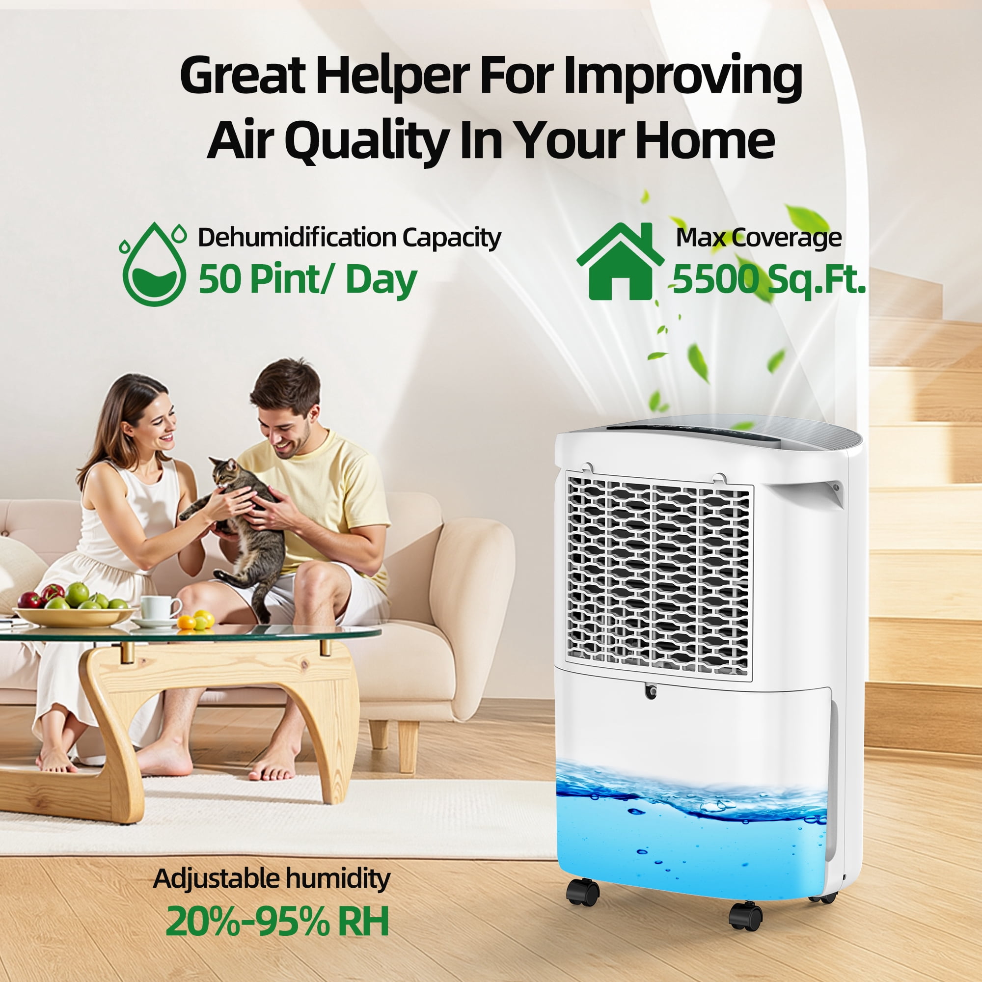 50 pt. 5,500 sq. ft. Dehumidifier in White with Drain Hose, 1 Gal. Bucket, 45dB Dehumidifier for Bedroom, Auto Defrost