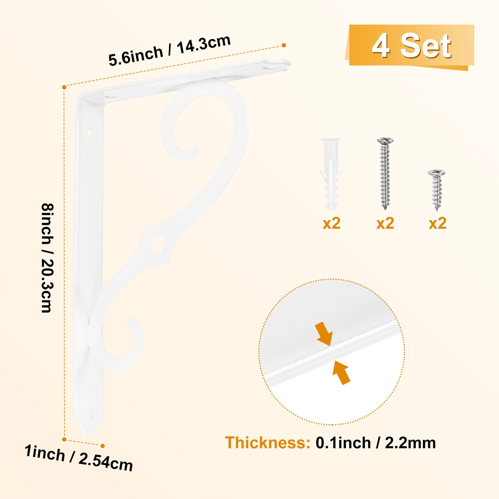 4-Pack Shelf Brackets, 8 Inch Long Iron Wall Mount Shelf Support Bracket for Home/Kitchen/DIY Decorative [White]