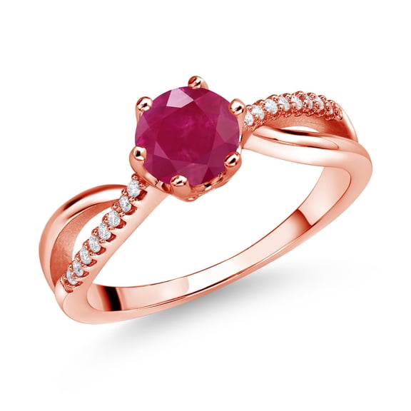 Gem Stone King 18K Rose Gold Plated Silver Ring Round Ruby and Moissanite (1.08 Cttw) (Size 8)