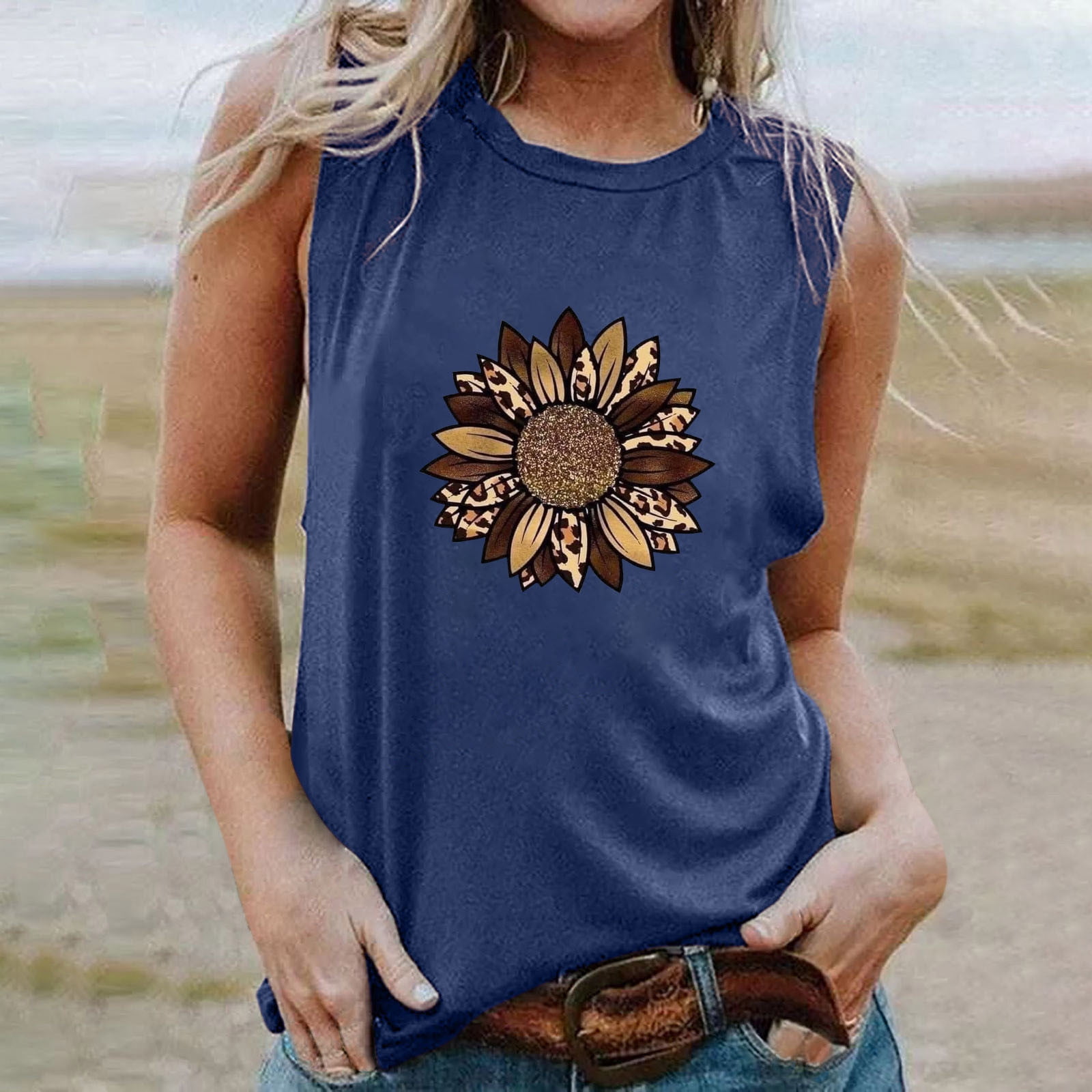 Daisyyozoid Nouveautés Hauts pour Femmes Joyeuses Pâques Col Rond Imprimé Décontracté Ample Chandail Sans Manches T-shirt