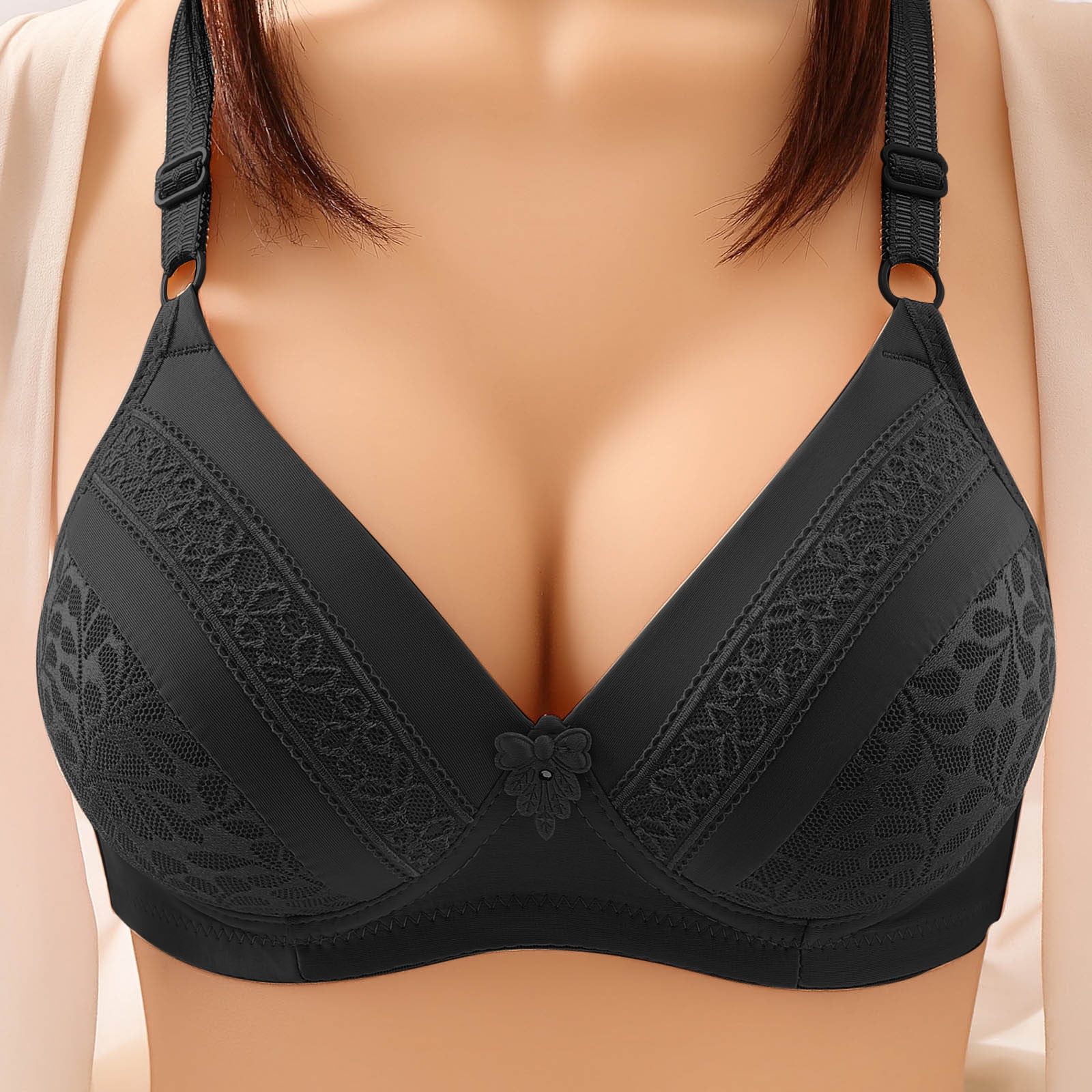 Wireless Bra For Women,Women's Plus Size V Neck Strappy Underwire Bra  Lingerie Bralette(C,Khaki) 