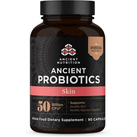 Probiotics by Ancient Nutrition for Skin with Turmeric and Fenugreek, Supports Healthy Skin, Reduces Diarrhea, Constipation, Gas and Bloating, Superfoods Blend, 50 Billion CFUs*/Serving, 90 Capsules
