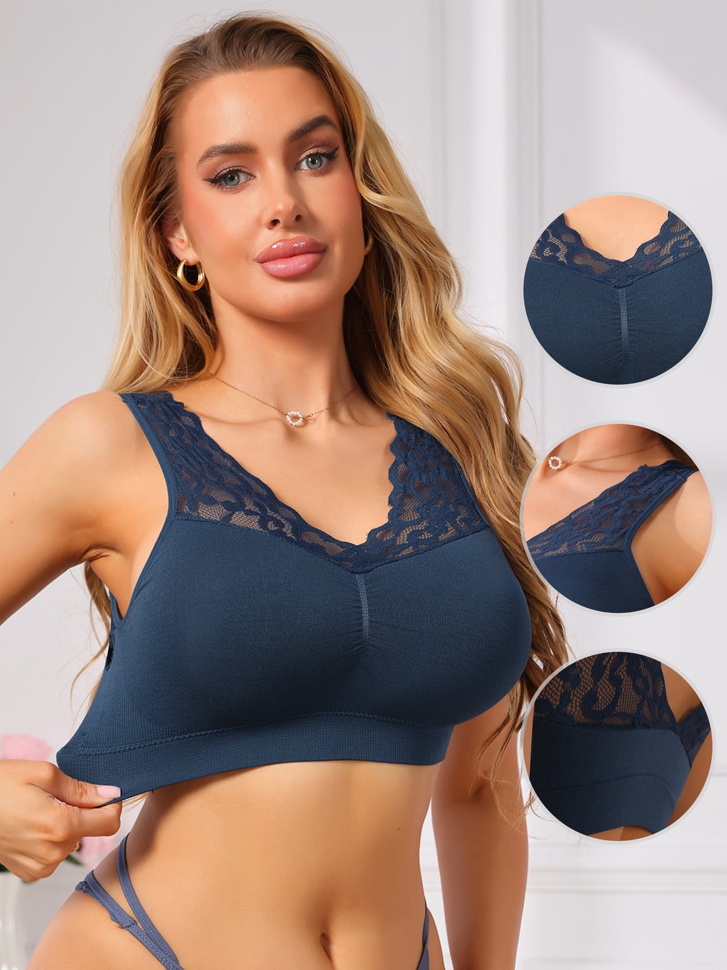 DARING DIVA Women's Lace V Back Wireless Full Coverage Push Up Pullover Bra L Blue