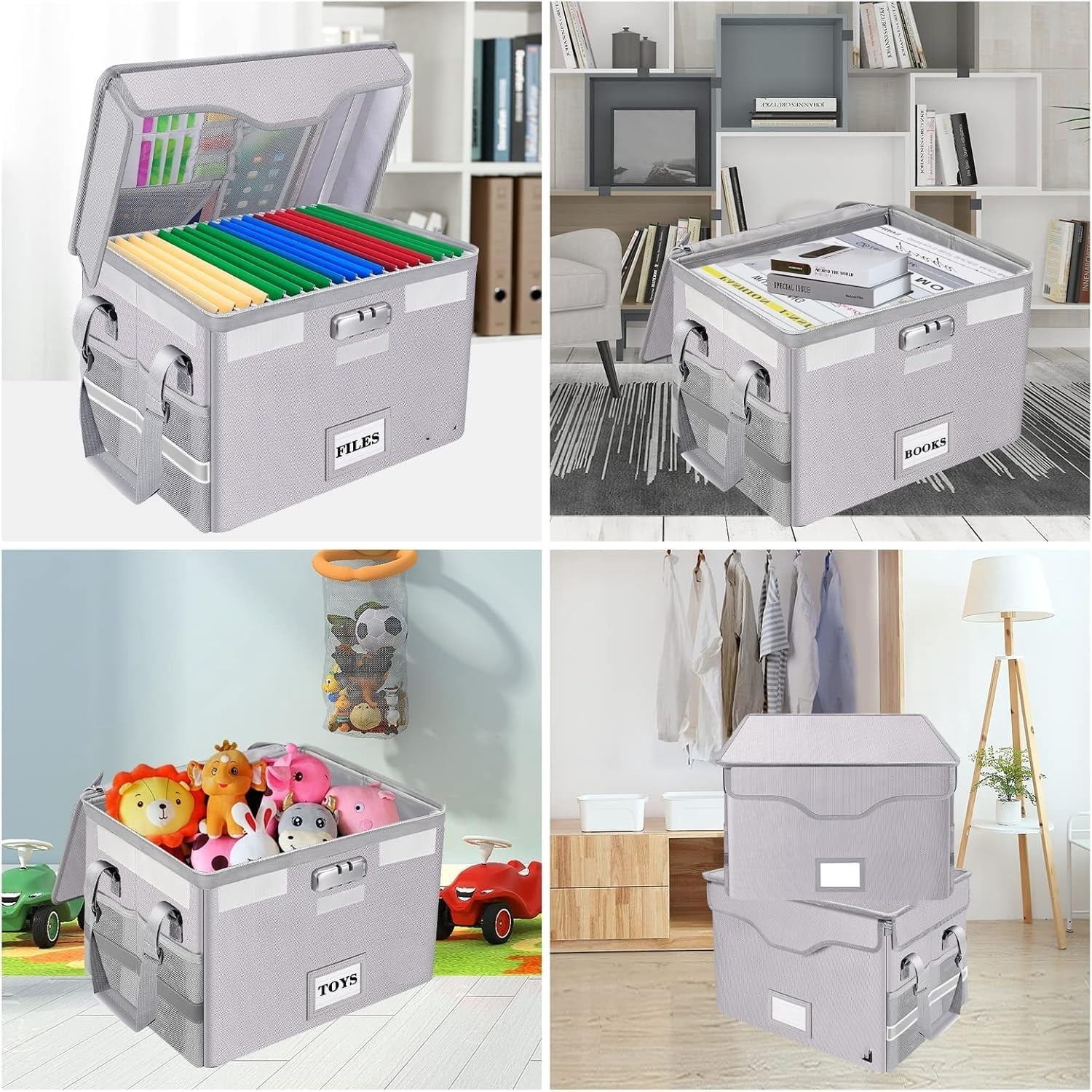 Fireproof Document Box with Lock,File Storage Organizer with Pockets,Collapsible Portable File Box Home Office Safe Filing Cabinet with Handle for Hanging Letter/Legal Folders,Silver,2 Pack