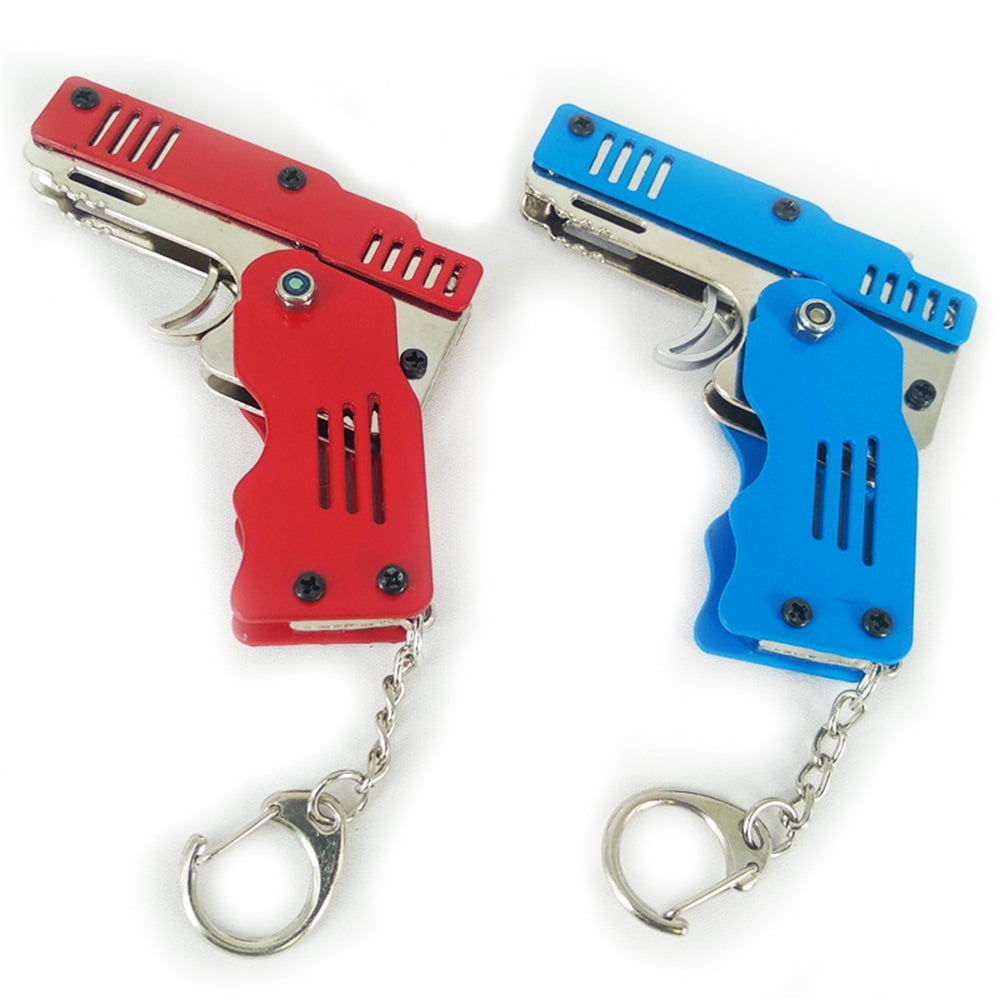 Rubber Band Gun Mini Metal Folding 6-Shot with Keychain Rubber Band 100 