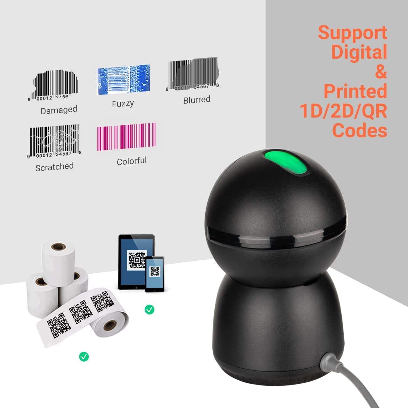 Tera 2D QR Omnidirectional Desktop Barcode Scanner (Attachable & Stable) Hands Free USB Wired Platform Bar Code Reader for POS System Supermarket Retail Store Shop Warehouse Screen Payment 9300