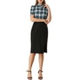 thumbnail image 2 of INSPIRE CHIC Women's Plaid Tie Collar Neck Blouse Retro Short Puff Short Sleeve Shirt Top Navy Blue M, 2 of 6