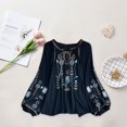 thumbnail image 1 of Blusa bordada para mujer, Tops informales con cuello en V, Tops bohemios elegantes bordados florales Negro, 1 of 10