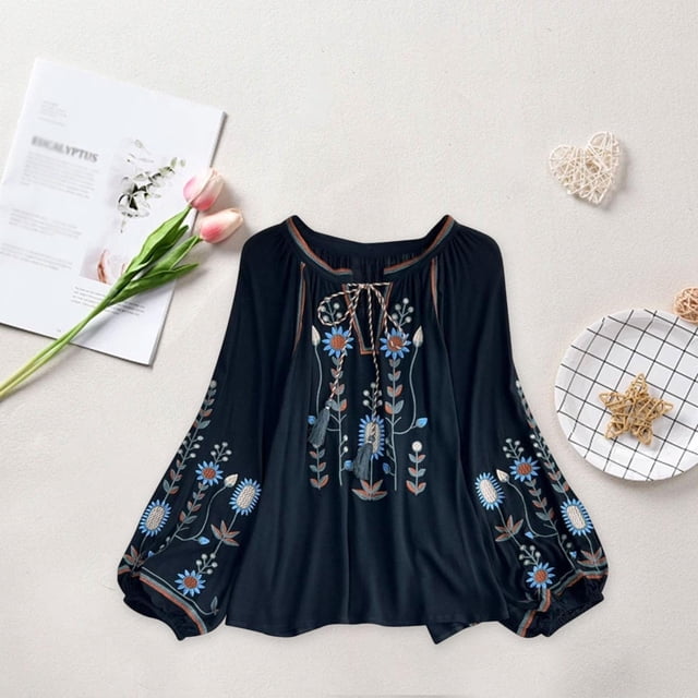 Blusa bordada para mujer, Tops informales con cuello en V, Tops bohemios elegantes bordados florales Negro