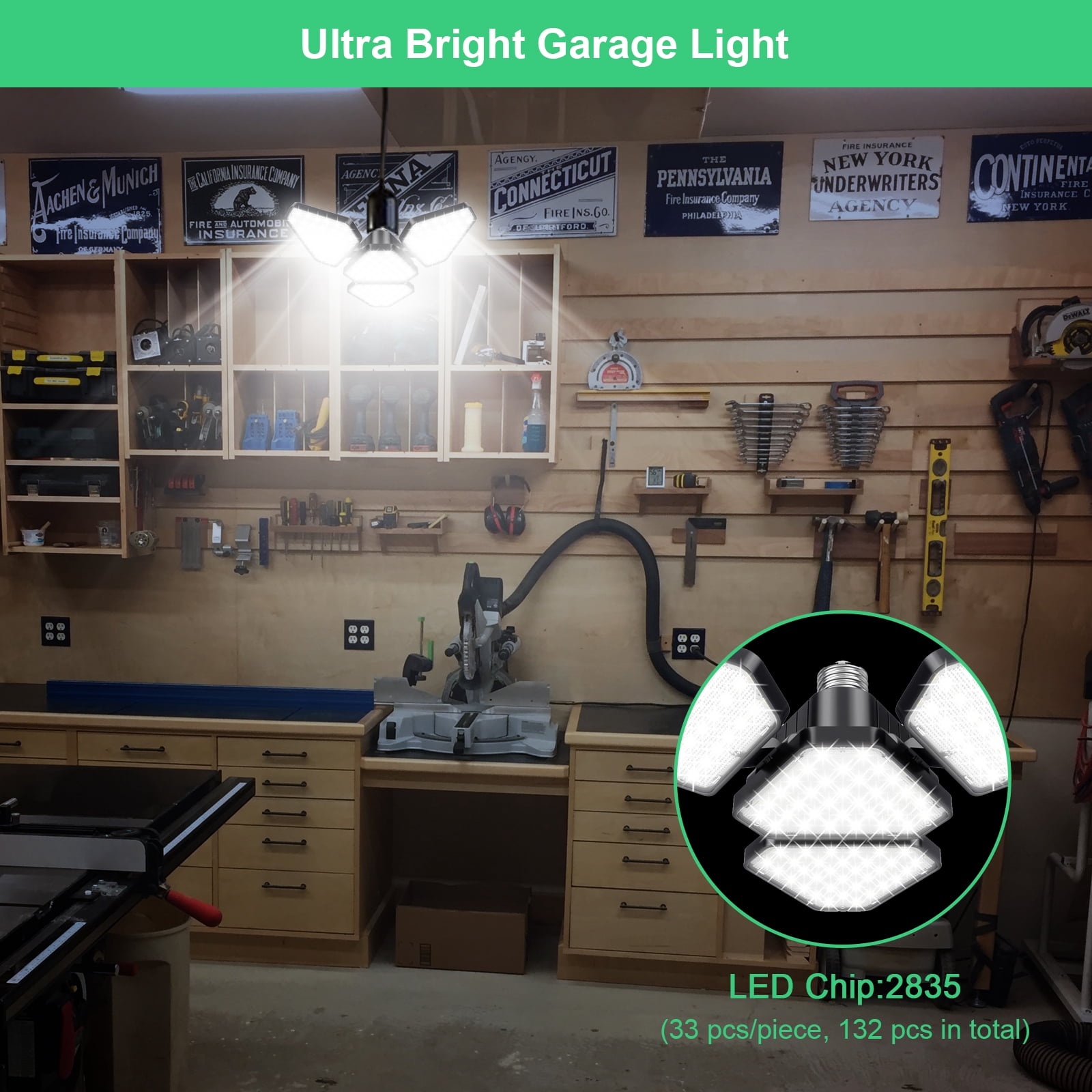 Watfal LED Garage Ceiling Light 120W, 4 Adjustable Panels Total 15000 Lumen 6500K Bay Light, E26/E27 Base for Shop, Warehouse