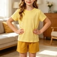 thumbnail image 5 of HAOTAGS Teen Girls Summer Short Sleeve Outfit Set (2-17) Soft Modal Cotton Two-Piece Lounge Sleepwear Yellow Size 16, 5 of 9