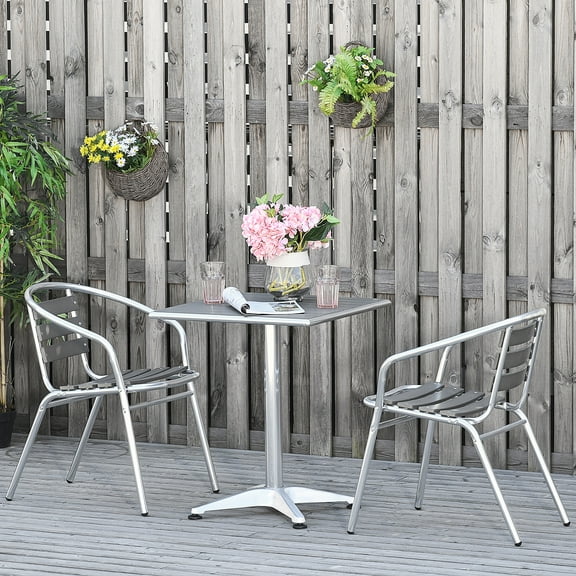 Outsunny Aluminum Patio Bistro Set, Slatted Table & Chairs, Silver
