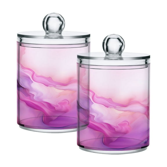 2 Pack Qtip Holder Dispenser Pink Purple Marble Clear Plastic Storage Apothecary Jars for Cotton Swabs Balls Pads Floss