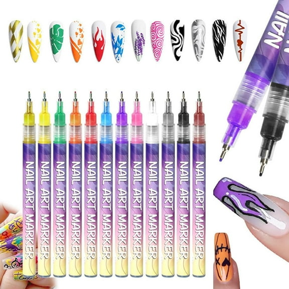 12 Color Nail Art Markers Kit for Gel Nails - Water-Based Acrylic Paint Pens with Nail Brushes, DIY Home Manicure Tools