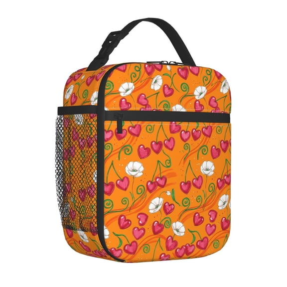 Cherries Lunch Bag Insulated Reusable Cooler Tote Portable Meal Prep Bag Side Mesh Pocket Work Office Picnic