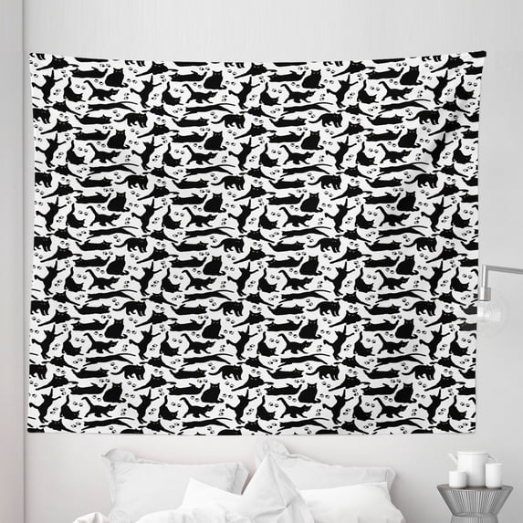 Cat Tapestry, Cats Yellow Eyes in Different Positions Paw Traces Playful Feline Animal, Fabric Wall Hanging Decor for Bedroom Living Room Dorm, 5 Sizes, Black White, by Ambesonne