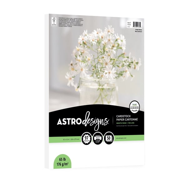 Astrodesigns Cardstock, Bright White, 97 Brightness, 8.5" x 11", 65 lb./176 gsm, 50 Sheets (91334-01)