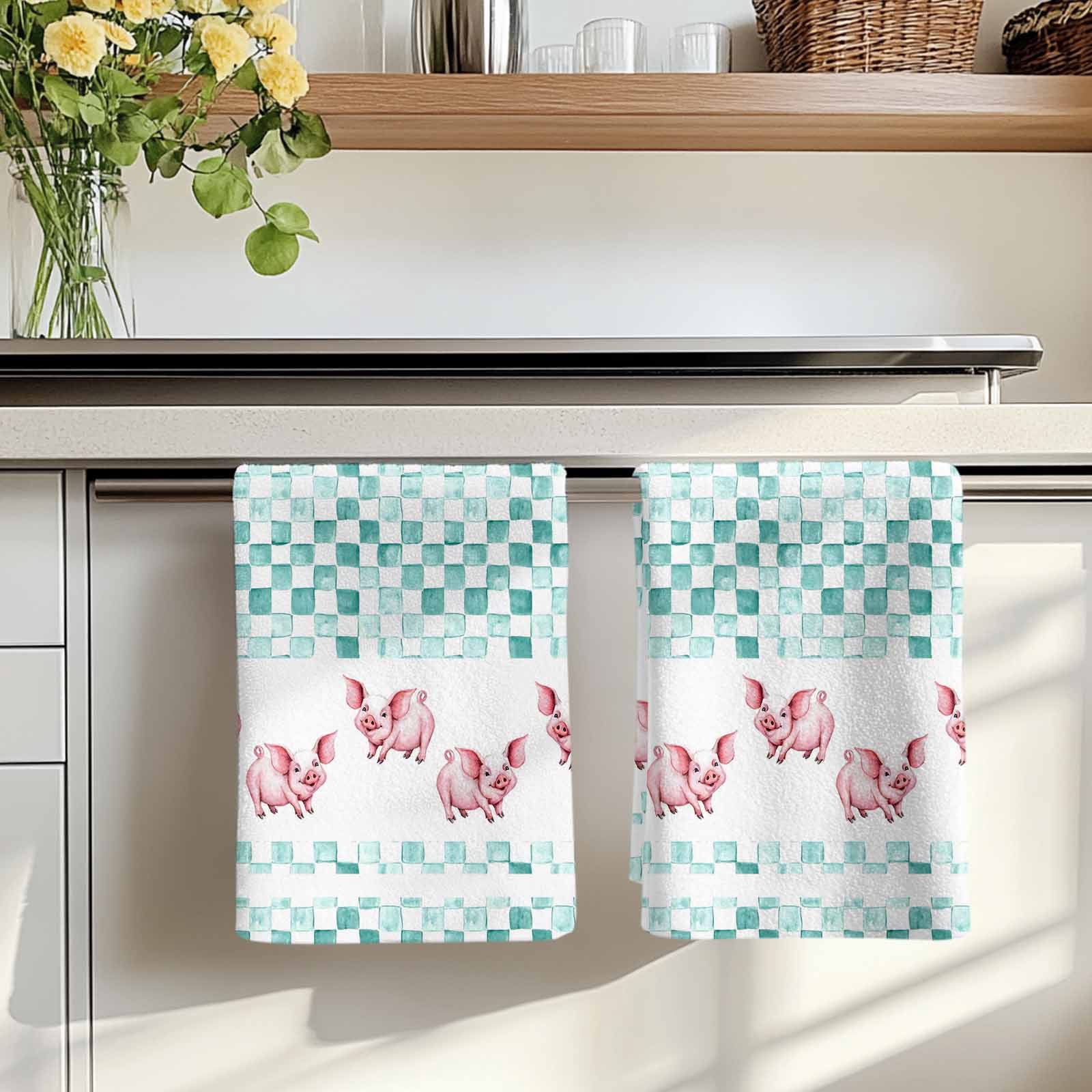 Green Plaid Farmhouse Kitchen Towels Set of 1, Watercolor Cute Country Pigs Checkered Absorbent Dish Towels for Kitchen, Microfiber Hand Towel, Quick Drying Tea Towel for Cleaning Dishcloths