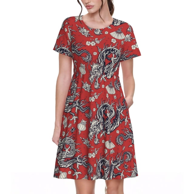 Bixox Robe d'Été à Manches Courtes pour Femmes Robe Ample Longueur Genou avec Poches-Dragons2
