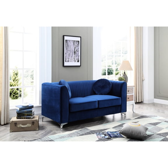 Chic Navy Blue Foam With Deep Seating - 32"h X 65"w 34"d, Sloped Arm Style, Velvet Fabric, Seats 2, 24" Seat Modern Style Fill Design, Covering,
