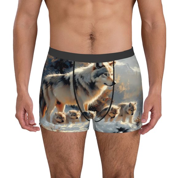 Xecao Wolf Family Winter Wonderland Print Men's Boxer Briefs with Soft Elastic Waistband and 3D Space Capsule Design Breathable Comfortable Underwear-Medium