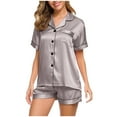 thumbnail image 5 of Silk Pajamas Womens Short Sleeve Sleepwear Soft Satin Loungewear 2 Piece Pjs Shorts Set Silver 4XL, 5 of 7