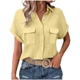 thumbnail image 2 of Craaazy Women's Relaxed Fit Collared Blouse, Solid Color Short Sleeve Button Down Top, Loose Comfy Cotton Casual Shirt with Pockets for Summer Gifts, 2 of 6